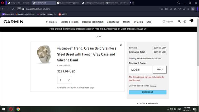 Garmin checkout page showing Garmin discount code box | Screenshot taken by SimplyCodes community member on Oct 2, 2023