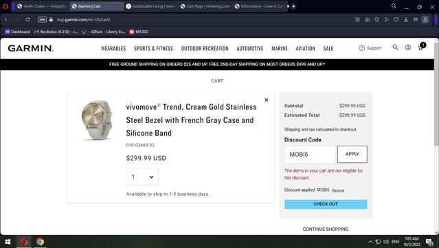 Garmin checkout page showing Garmin discount code box | Screenshot taken by SimplyCodes community member on Oct 2, 2023
