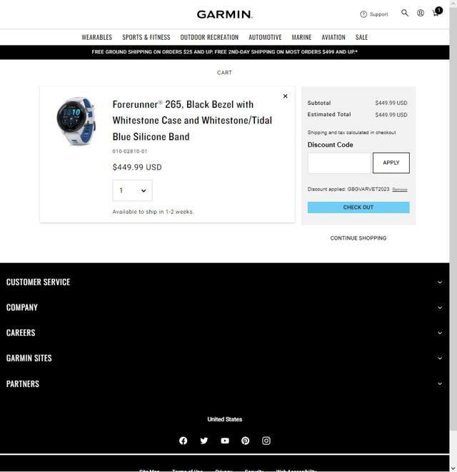 Garmin checkout page showing Garmin discount code box | Screenshot taken by SimplyCodes community member on May 29, 2023