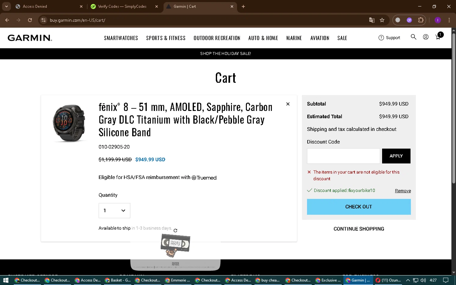 Garmin discount code screenshot showing code fixyourbike10 applied at Garmin checkout page. Uploaded by SimplyCodes community member ChinoYugi on Dec 4, 2025
