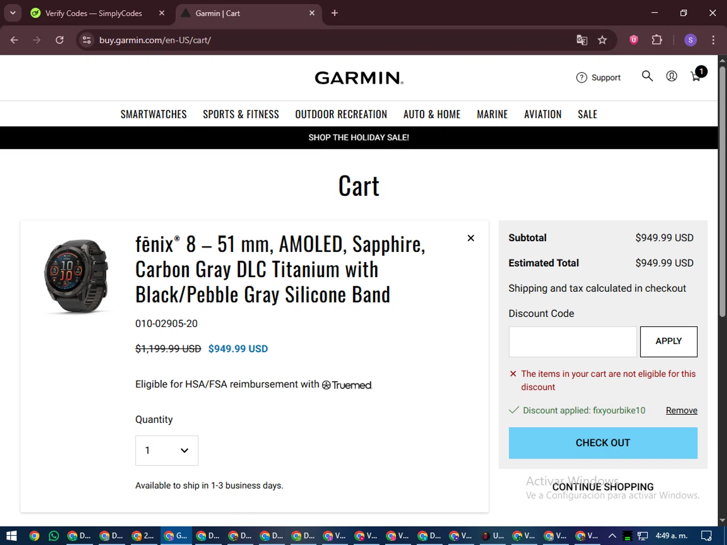 Garmin checkout page showing Garmin discount code box | Screenshot taken by SimplyCodes community member on Nov 16, 2025