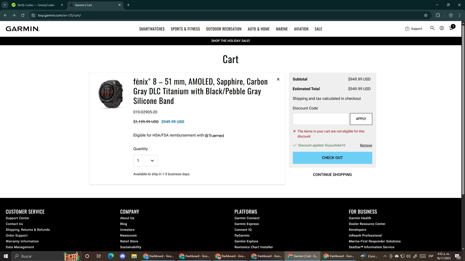 Garmin checkout page showing Garmin discount code box | Screenshot taken by SimplyCodes community member on Nov 16, 2025