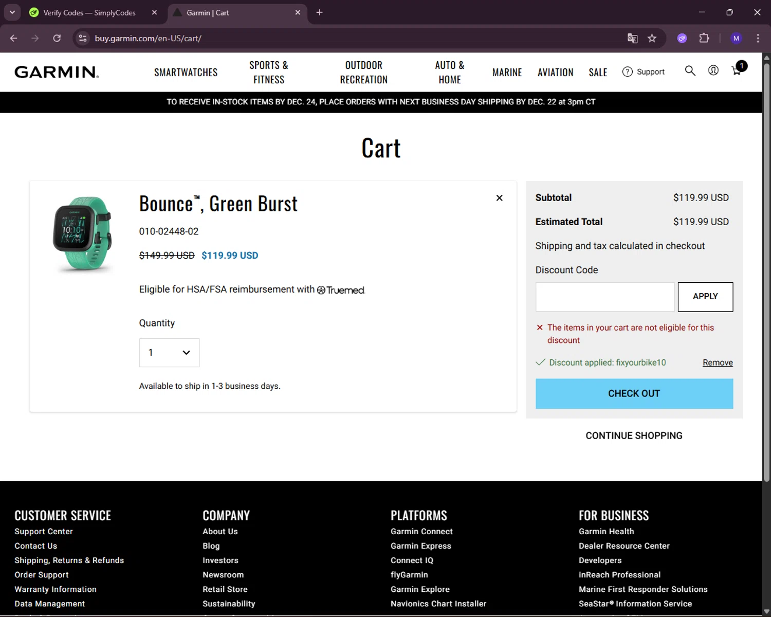 Garmin discount code screenshot showing code fixyourbike10 applied at Garmin checkout page. Uploaded by SimplyCodes community member RewardLynx5307 on Dec 20, 2025