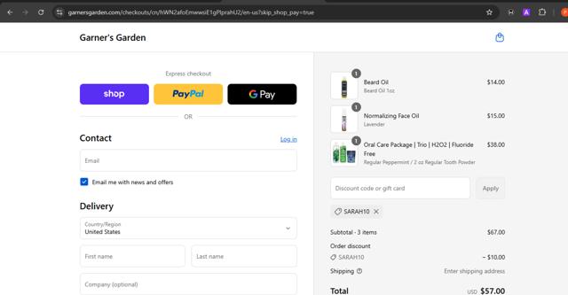 Garner's Garden checkout page showing Garner's Garden discount code box | Screenshot taken by SimplyCodes community member on Sep 4, 2025