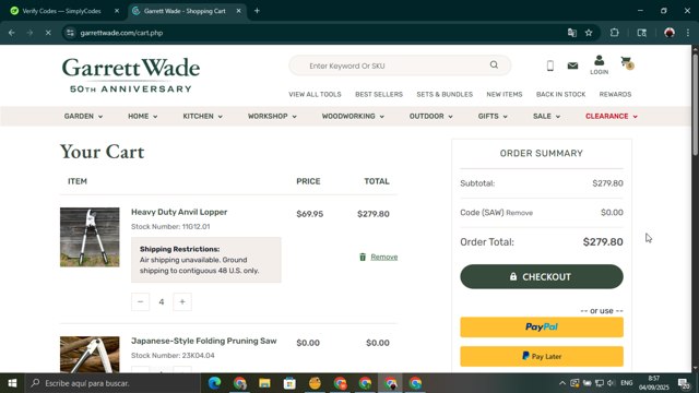 Garrett Wade checkout page showing Garrett Wade promo code box | Screenshot taken by SimplyCodes community member on Sep 4, 2025
