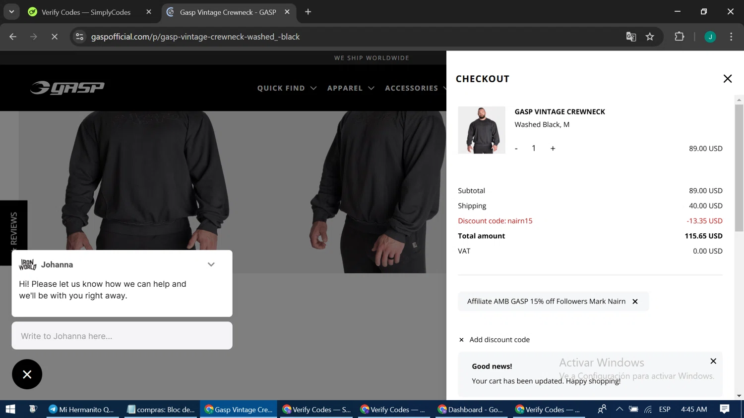 GASP discount code screenshot showing code NAIRN15 applied at GASP checkout page. Uploaded by SimplyCodes community member LuckyPioneer1051 on Jan 9, 2025