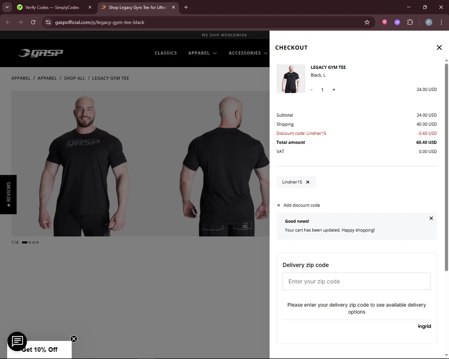 GASP checkout page showing GASP discount code box | Screenshot taken by SimplyCodes community member on Feb 11, 2026