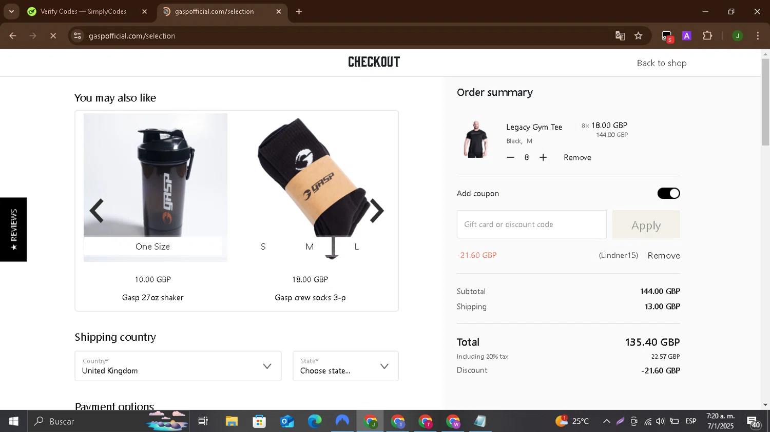 GASP discount code screenshot showing code Lindner15 applied at GASP checkout page. Uploaded by SimplyCodes community member CleverBoss9743 on Jan 7, 2025