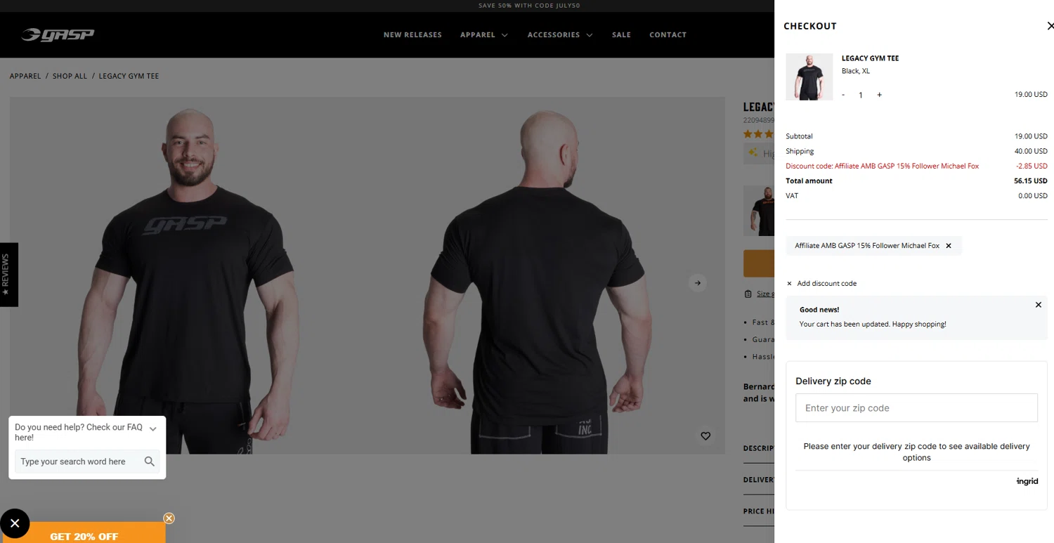 GASP discount code screenshot showing code FOX15 applied at GASP checkout page. Uploaded by SimplyCodes community member VoucherLynx1047 on Jul 26, 2025