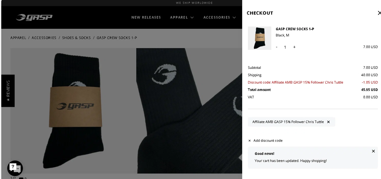 GASP discount code screenshot showing code CTUTTLE applied at GASP checkout page. Uploaded by SimplyCodes community member shark12 on Dec 22, 2025