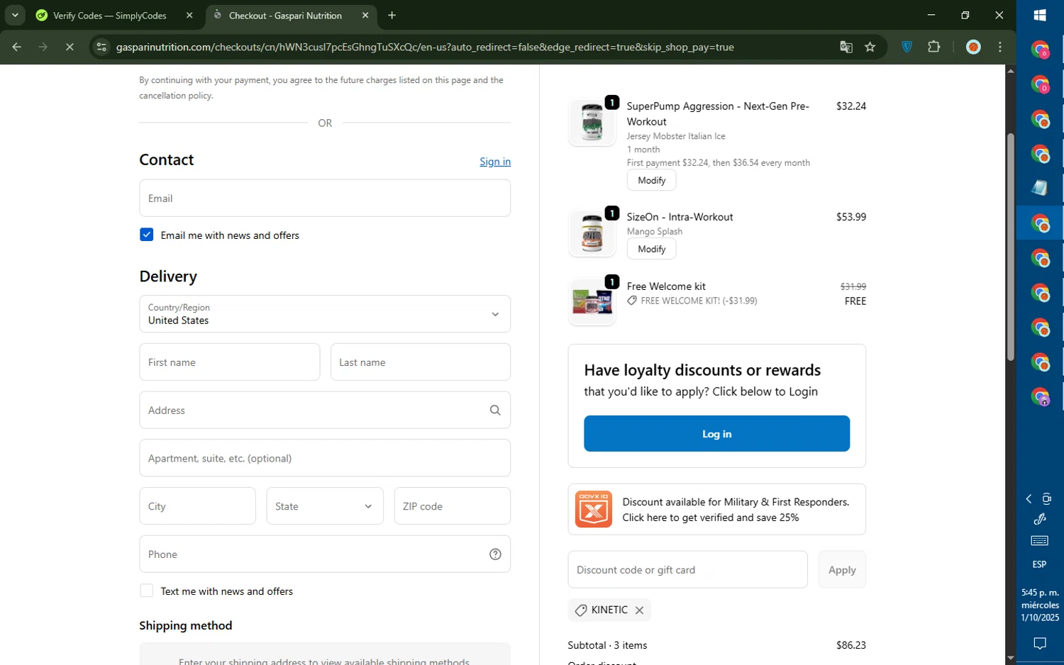 Gaspari Nutrition discount code screenshot showing code kinetic applied at Gaspari Nutrition checkout page. Uploaded by SimplyCodes community member DealTiger9869 on Oct 1, 2025