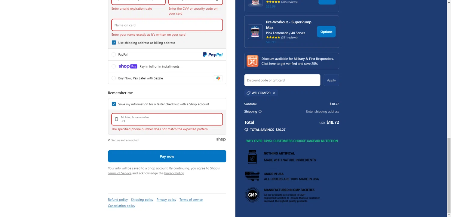 Gaspari Nutrition discount code screenshot showing code WELCOME20 applied at Gaspari Nutrition checkout page. Uploaded by SimplyCodes community member CashSentinel5495 on Jul 12, 2025