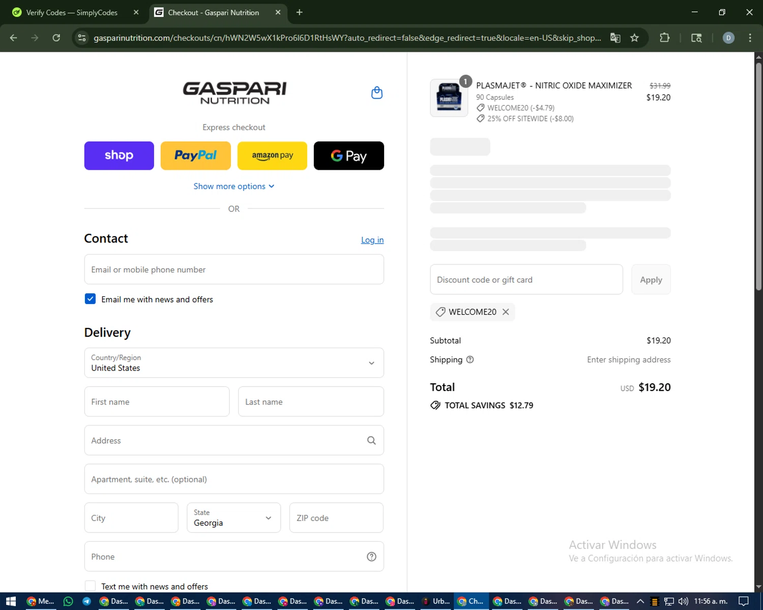 Gaspari Nutrition discount code screenshot showing code WELCOME20 applied at Gaspari Nutrition checkout page. Uploaded by SimplyCodes community member CleverCurator2558 on Sep 2, 2025