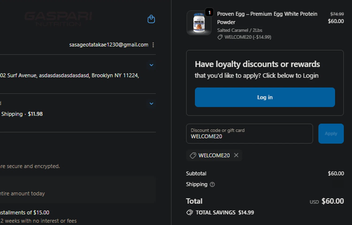 Gaspari Nutrition discount code screenshot showing code WELCOME20 applied at Gaspari Nutrition checkout page. Uploaded by SimplyCodes community member FIREINTHEHOLE on Dec 3, 2025