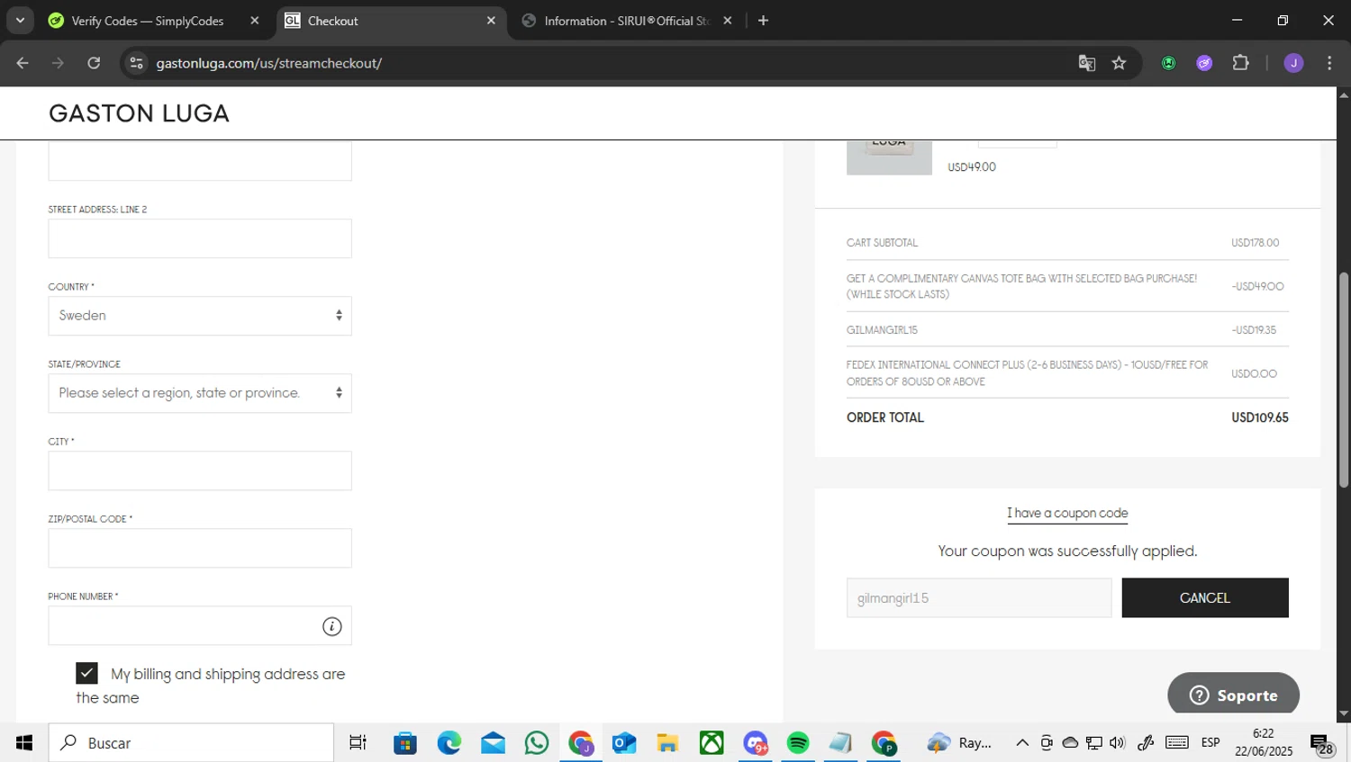 Gaston Luga promo code screenshot showing code gilmangirl15 applied at Gaston Luga checkout page. Uploaded by SimplyCodes community member ENCARAMESSI on Jun 22, 2025