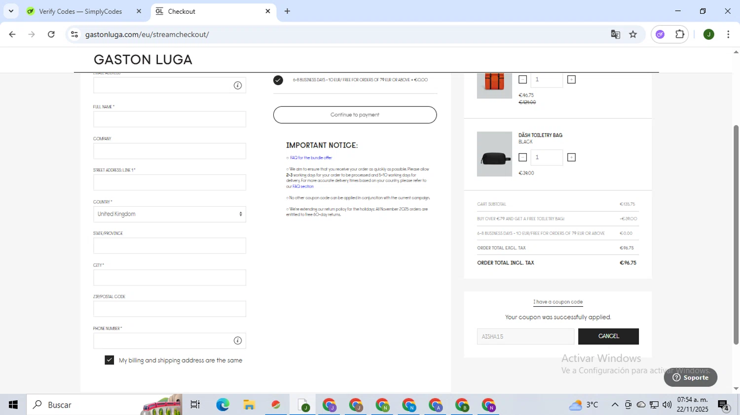 Gaston Luga checkout page showing Gaston Luga promo code box | Screenshot taken by SimplyCodes community member on Nov 22, 2025