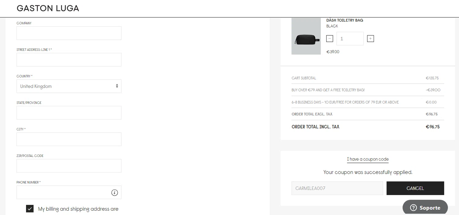 Gaston Luga checkout page showing Gaston Luga promo code box | Screenshot taken by SimplyCodes community member on Nov 22, 2025