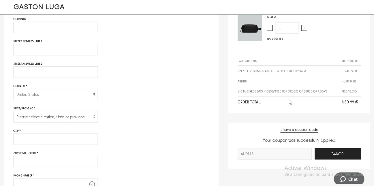Gaston Luga checkout page showing Gaston Luga promo code box | Screenshot taken by SimplyCodes community member on Feb 3, 2026
