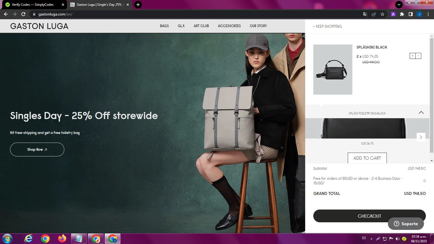 Gaston Luga promo code screenshot showing code AUDI15 applied at Gaston Luga checkout page. Uploaded by SimplyCodes community member ExtraordinaryPhoenix9295 on Nov 8, 2025