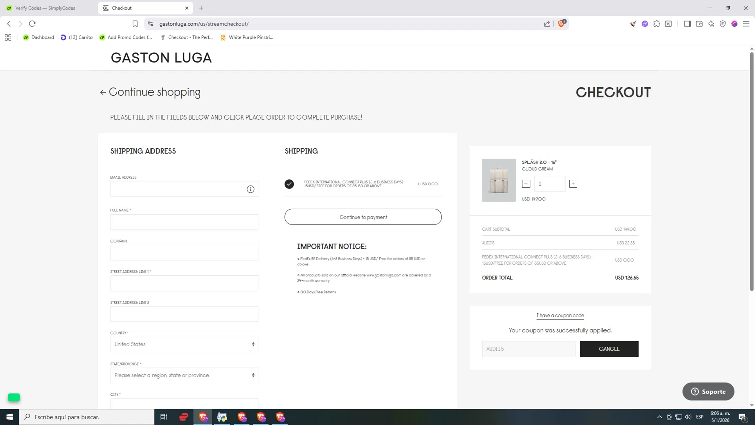 Gaston Luga checkout page showing Gaston Luga promo code box | Screenshot taken by SimplyCodes community member on Jan 5, 2026