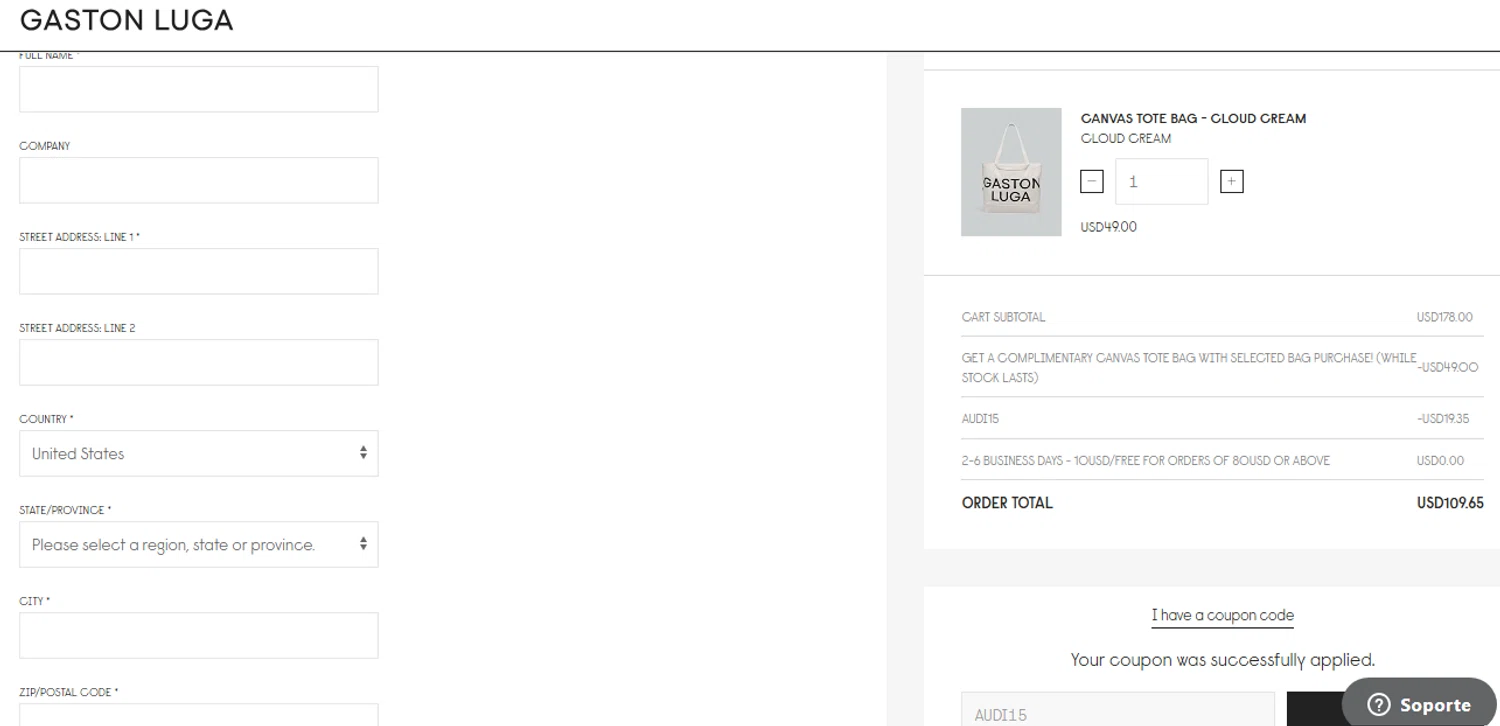 Gaston Luga promo code screenshot showing code AUDI15 applied at Gaston Luga checkout page. Uploaded by SimplyCodes community member shark12 on Jul 15, 2025