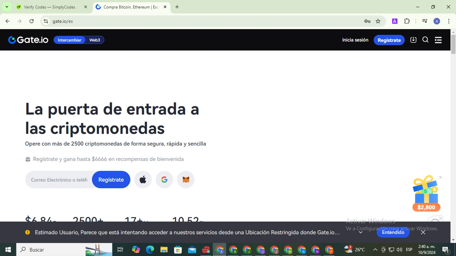 Gate.io checkout page showing Gate.io promo code box | Screenshot taken by SimplyCodes community member on Sep 10, 2024