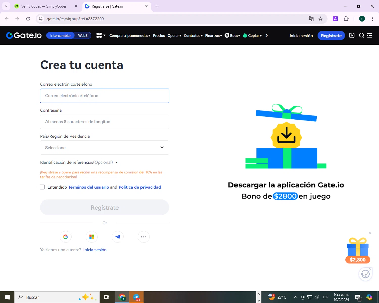 Gate.io checkout page showing Gate.io promo code box | Screenshot taken by SimplyCodes community member on Sep 10, 2024