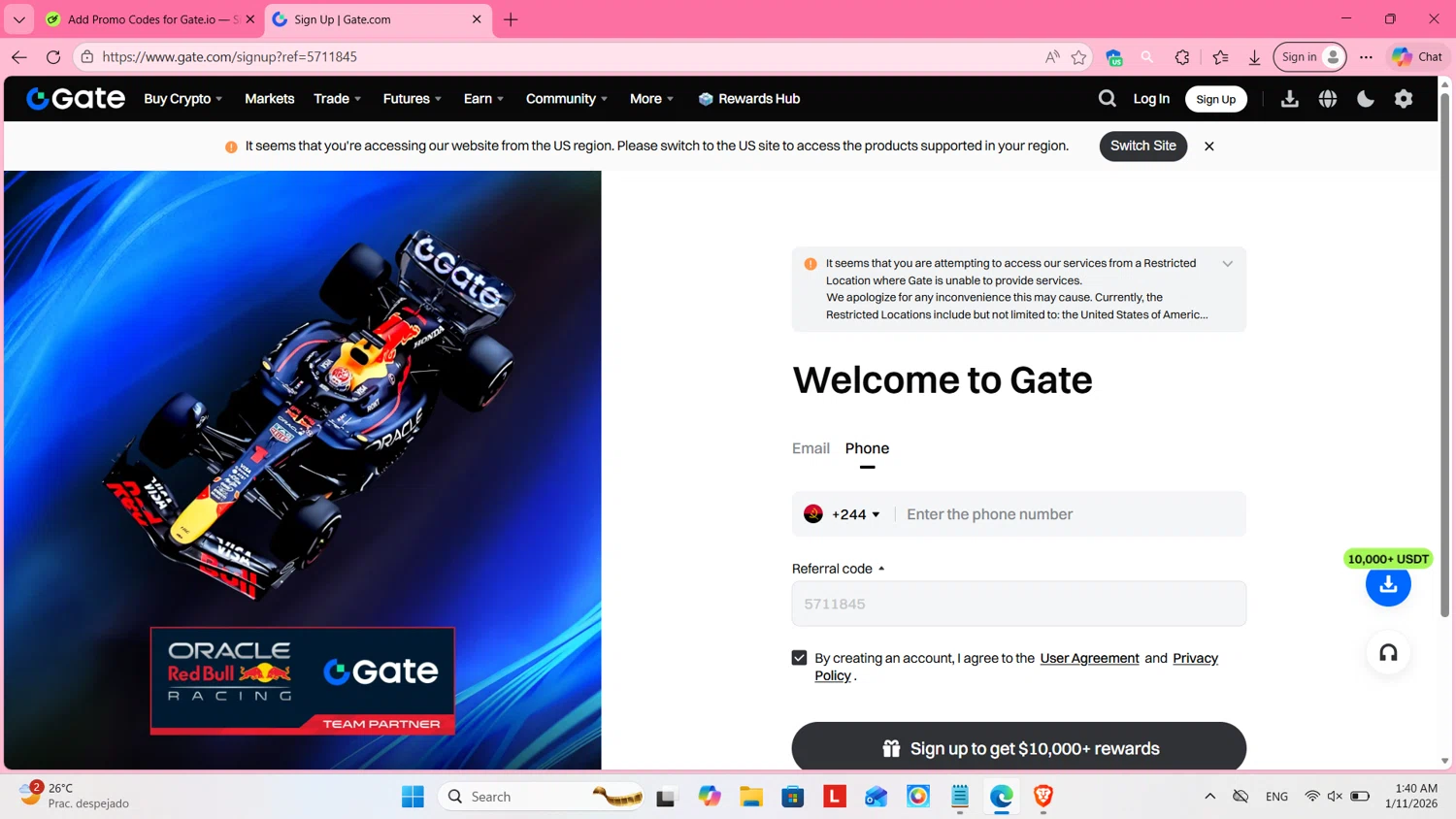 Gate.io promo code screenshot showing code 5711845 applied at Gate.io checkout page. Uploaded by SimplyCodes community member cosita on Jan 11, 2026