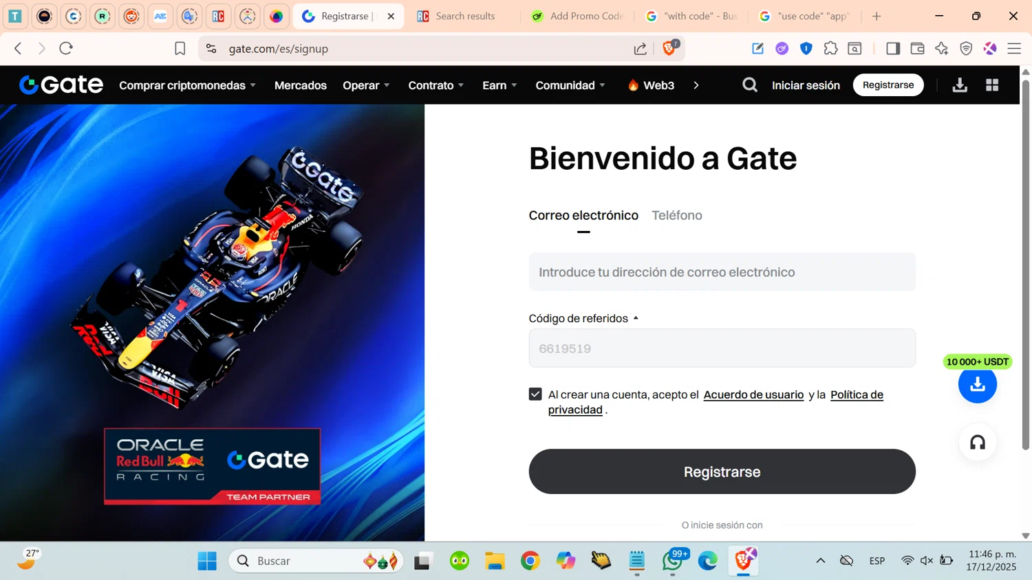 Gate.io promo code screenshot showing code 6619519 applied at Gate.io checkout page. Uploaded by SimplyCodes community member cosita on Dec 18, 2025