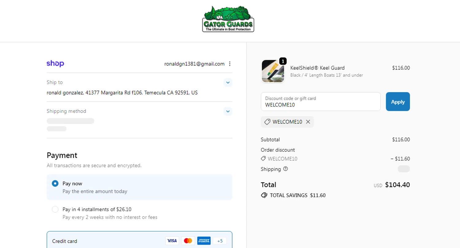 Gator Guards promo code screenshot showing code WELCOME10 applied at Gator Guards checkout page. Uploaded by SimplyCodes community member Yuskeilyn20 on Dec 21, 2025