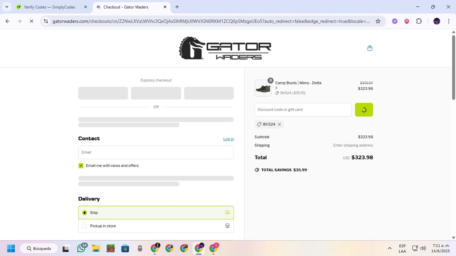 Gator Waders discount code screenshot showing code BVS24 applied at Gator Waders checkout page. Uploaded by SimplyCodes community member GloriousGuardian9063 on Jun 14, 2025