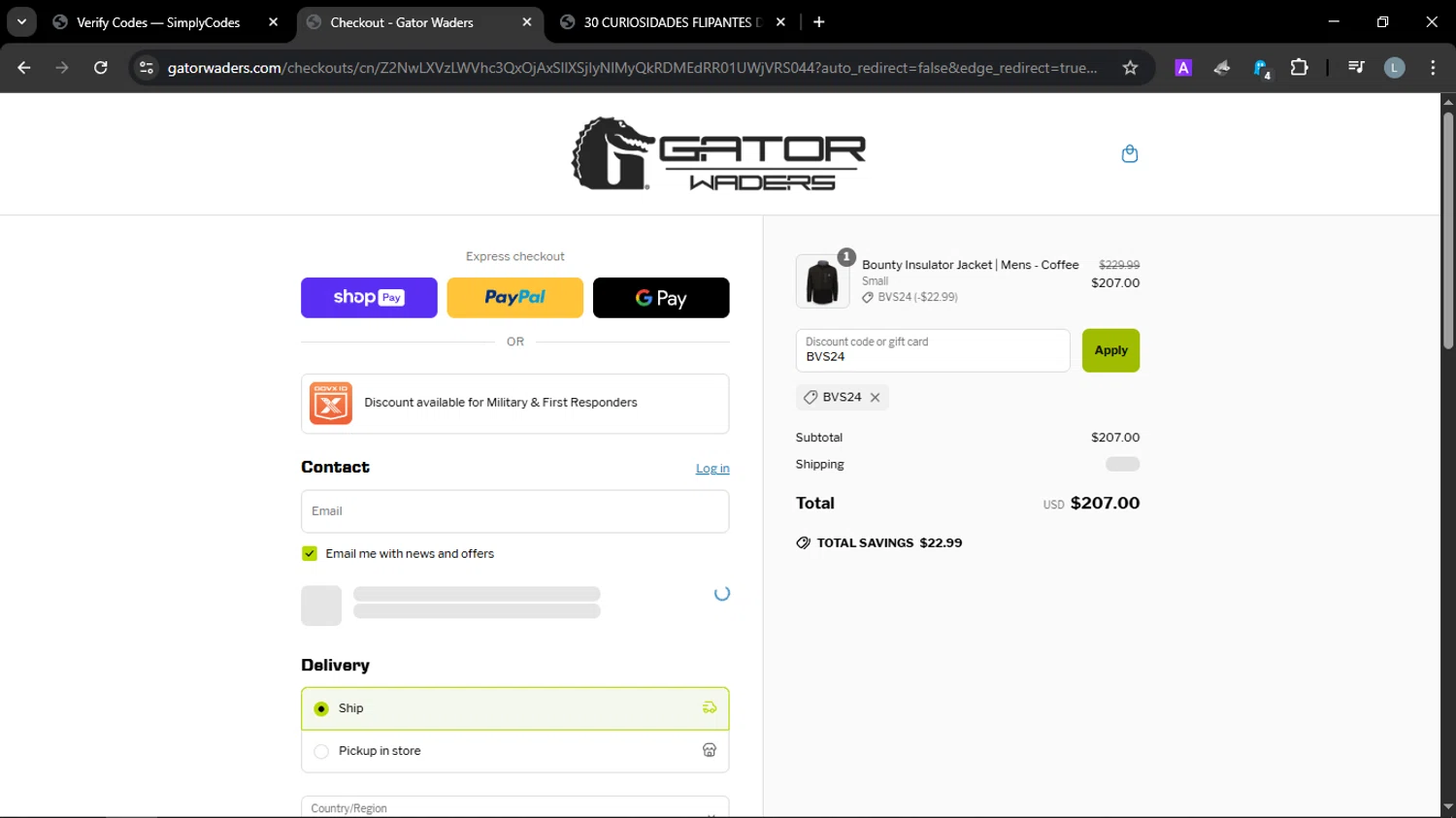 Gator Waders discount code screenshot showing code BVS24 applied at Gator Waders checkout page. Uploaded by SimplyCodes community member SmartScholar9589 on Jun 29, 2025