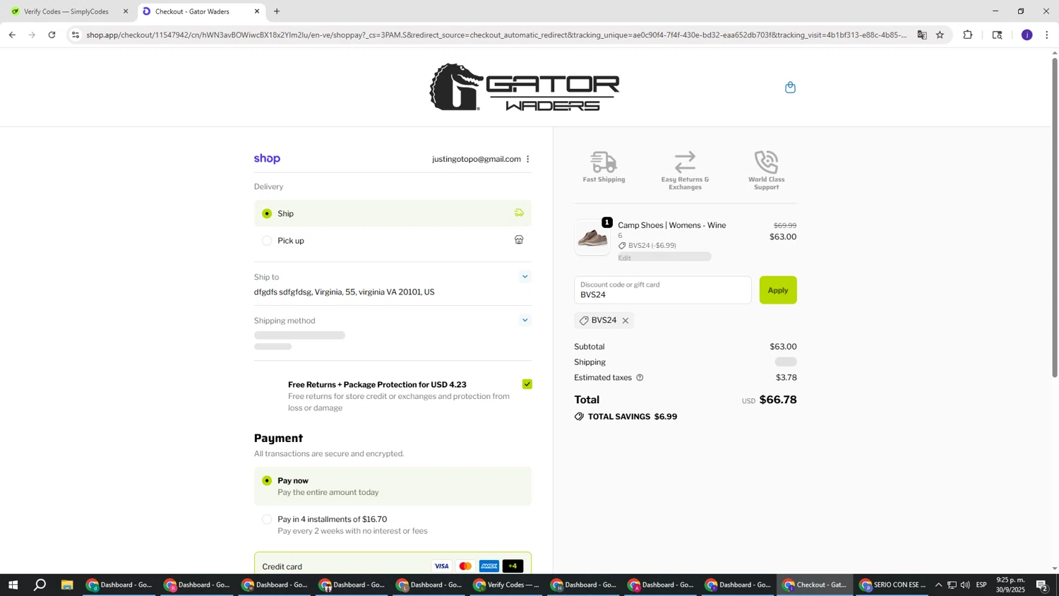 Gator Waders discount code screenshot showing code BVS24 applied at Gator Waders checkout page. Uploaded by SimplyCodes community member simplycodesssss on Oct 1, 2025
