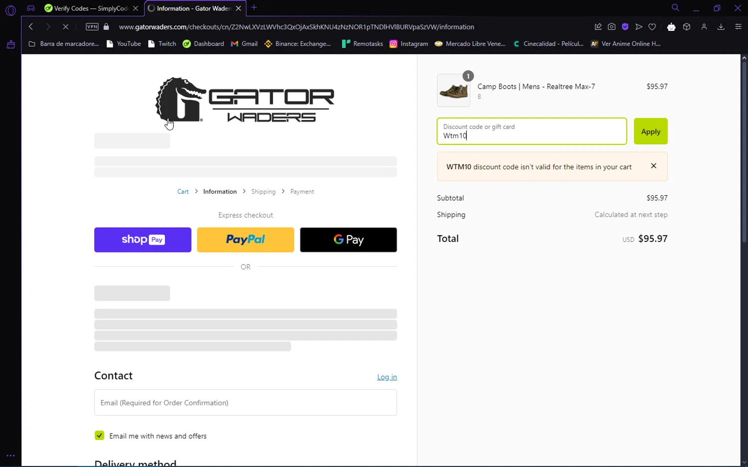 Gator Waders discount code screenshot showing code Wtm10 applied at Gator Waders checkout page. Uploaded by SimplyCodes community member trinzo on Jan 14, 2025