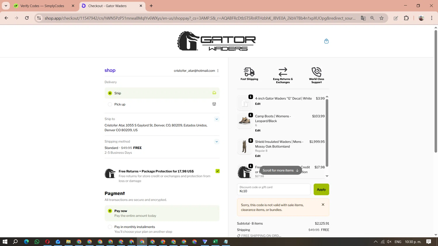 Gator Waders discount code screenshot showing code Kc10 applied at Gator Waders checkout page. Uploaded by SimplyCodes community member MariAPB on Nov 18, 2025