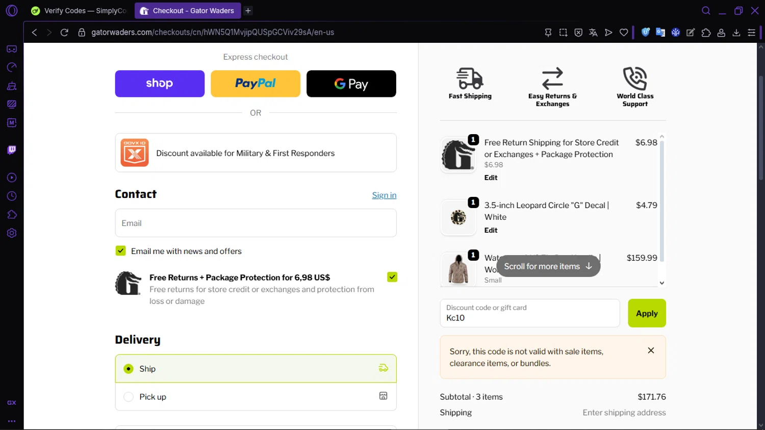 Gator Waders discount code screenshot showing code Kc10 applied at Gator Waders checkout page. Uploaded by SimplyCodes community member RewardLion134 on Nov 18, 2025