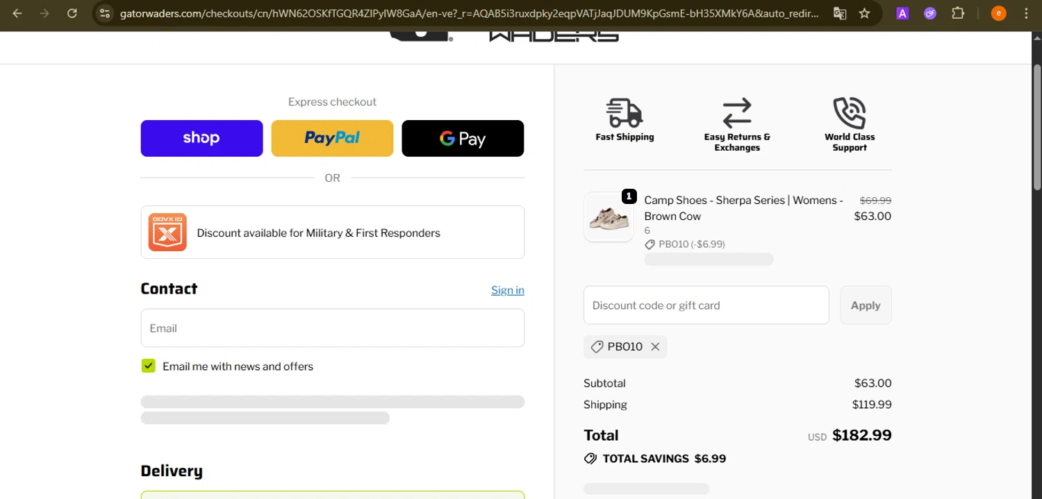 Gator Waders discount code screenshot showing code PBO10 applied at Gator Waders checkout page. Uploaded by SimplyCodes community member NobleElite1598 on Dec 4, 2025
