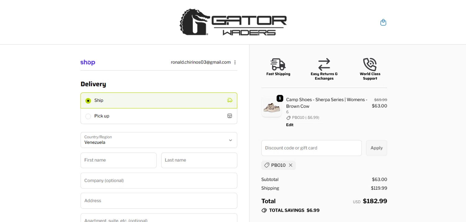 Gator Waders discount code screenshot showing code PBO10 applied at Gator Waders checkout page. Uploaded by SimplyCodes community member PennySage5996 on Feb 2, 2026