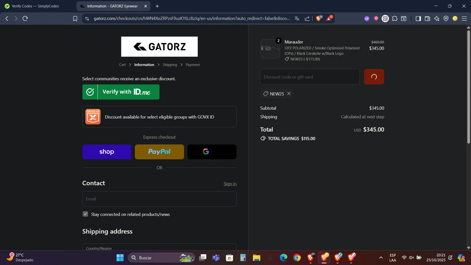 Gatorz discount code screenshot showing code NEW25 applied at Gatorz checkout page. Uploaded by SimplyCodes community member PennyScholar593 on Oct 26, 2025