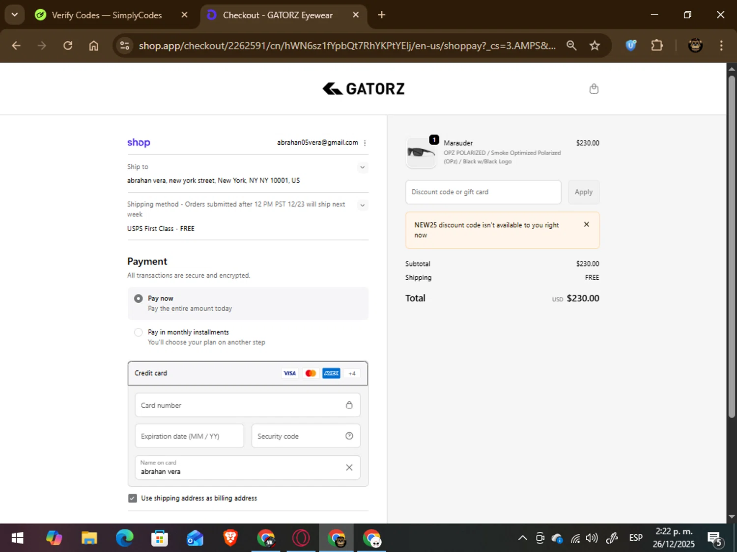 Gatorz discount code screenshot showing code NEW25 applied at Gatorz checkout page. Uploaded by SimplyCodes community member abrahanv on Dec 26, 2025