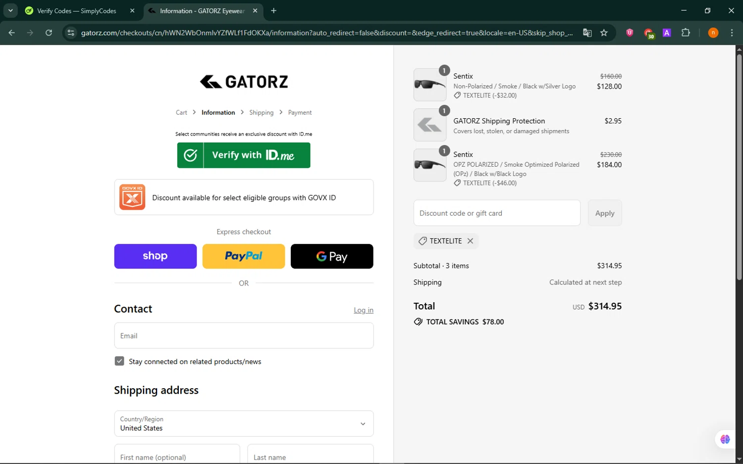 Gatorz discount code screenshot showing code TEXTELITE applied at Gatorz checkout page. Uploaded by SimplyCodes community member NobleScholar188 on Sep 2, 2025