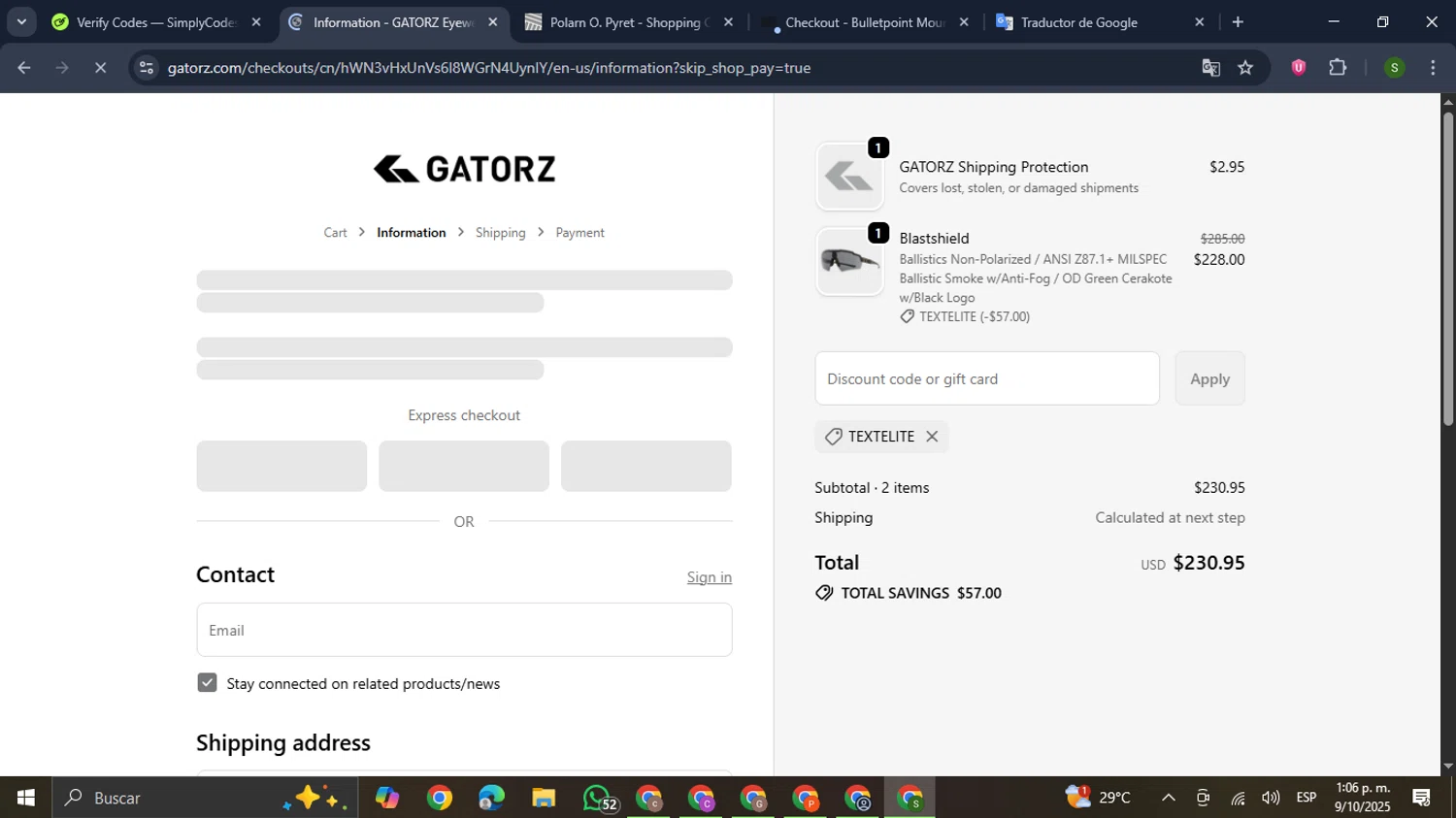Gatorz discount code screenshot showing code TEXTELITE applied at Gatorz checkout page. Uploaded by SimplyCodes community member RewardMaverick445 on Oct 9, 2025