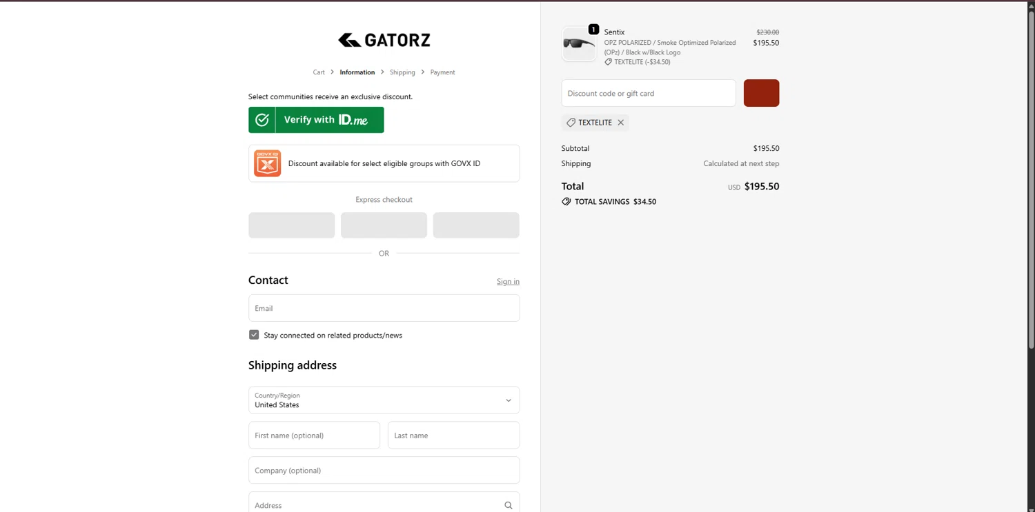 Gatorz discount code screenshot showing code TEXTELITE applied at Gatorz checkout page. Uploaded by SimplyCodes community member WonderVirtuoso3484 on Oct 30, 2025