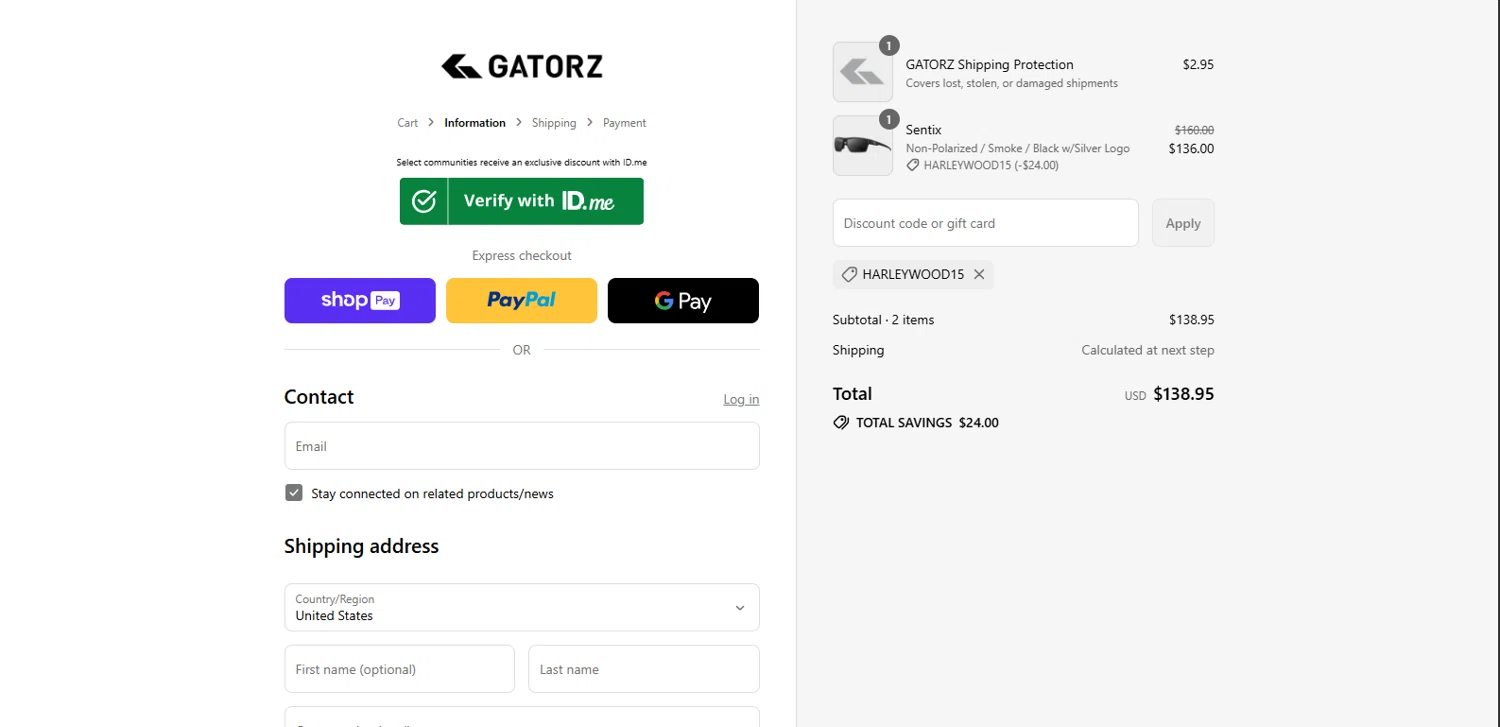 Gatorz discount code screenshot showing code HARLEYWOOD15 applied at Gatorz checkout page. Uploaded by SimplyCodes community member BrillianteMaestro892 on Jul 13, 2025