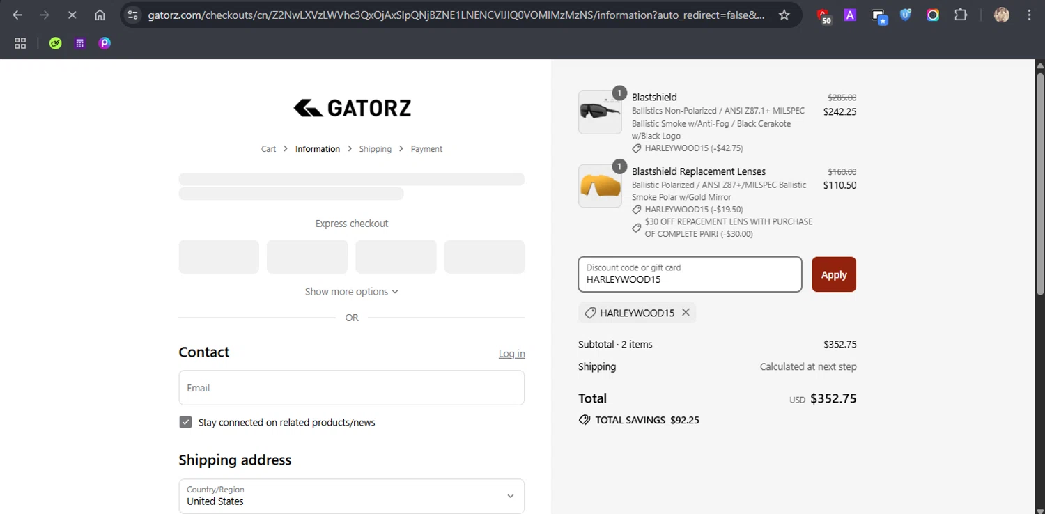 Gatorz discount code screenshot showing code HARLEYWOOD15 applied at Gatorz checkout page. Uploaded by SimplyCodes community member ROCKSORD_2 on Jul 8, 2025