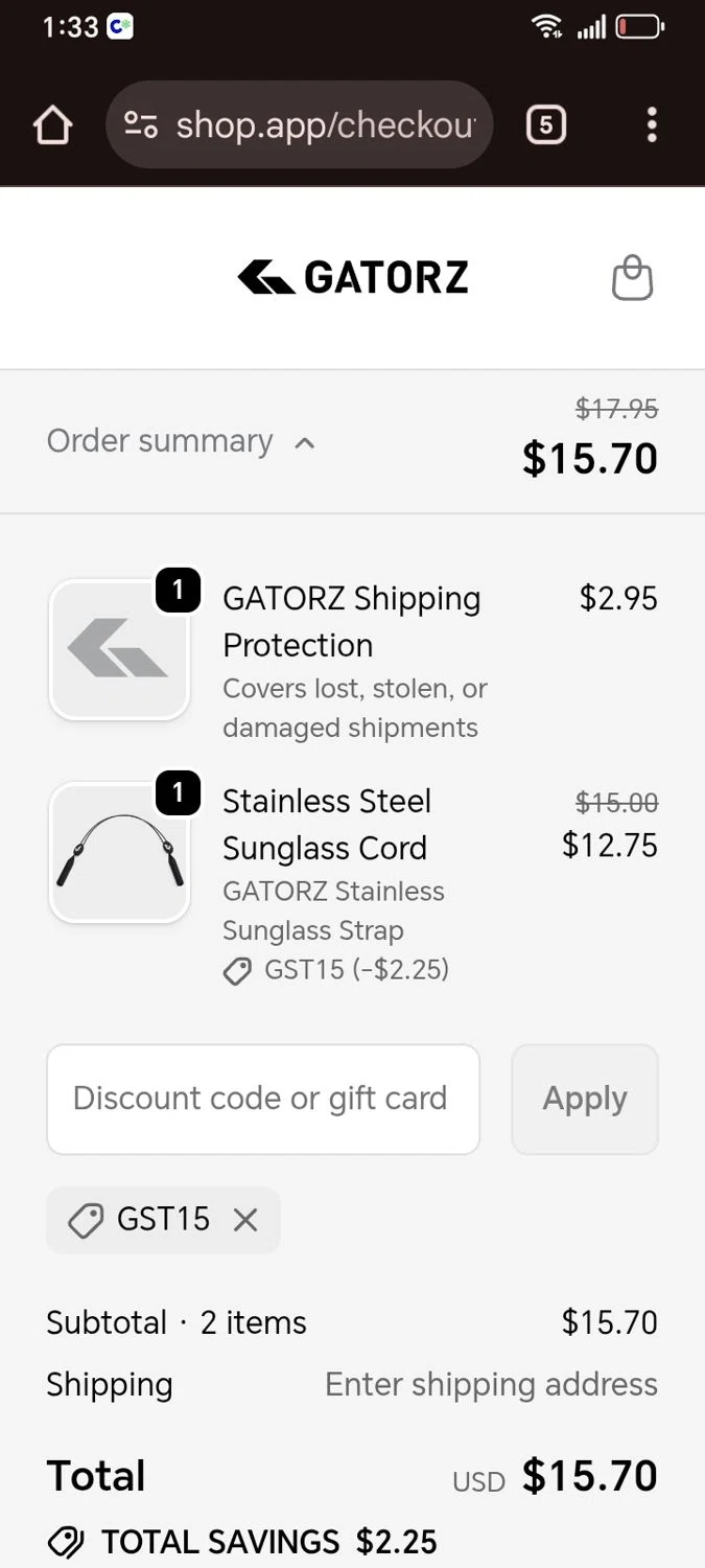 Gatorz discount code screenshot showing code GST15 applied at Gatorz checkout page. Uploaded by SimplyCodes community member Enmanuel17 on Dec 21, 2025