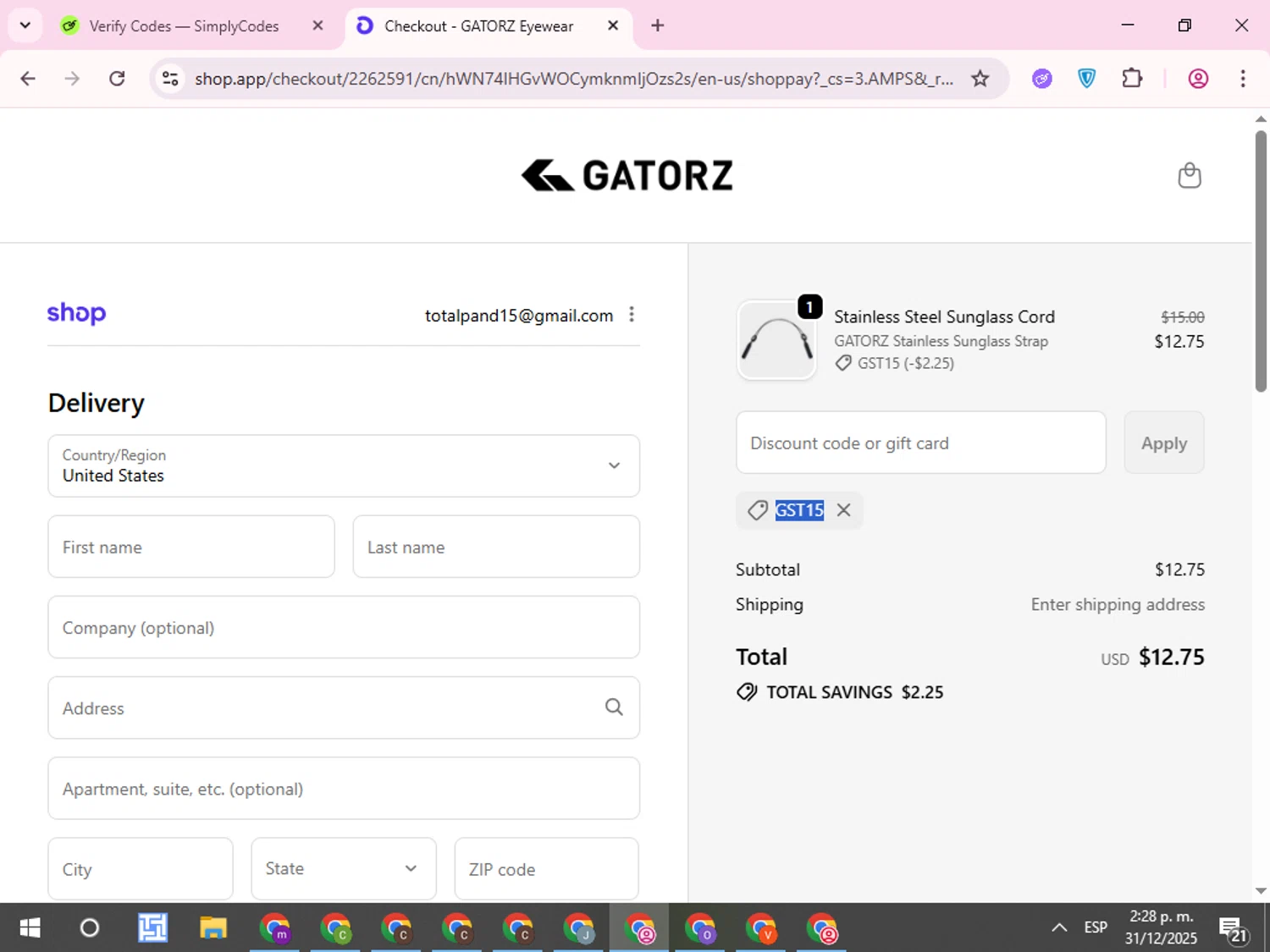 Gatorz discount code screenshot showing code GST15 applied at Gatorz checkout page. Uploaded by SimplyCodes community member QuestCurator1644 on Dec 31, 2025
