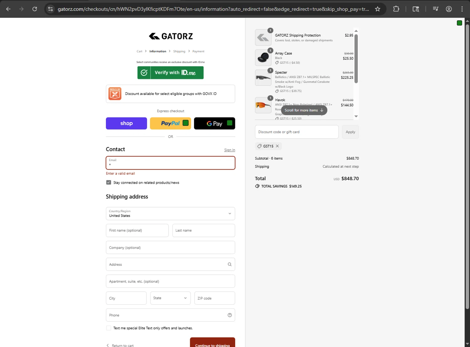 Gatorz discount code screenshot showing code GST15 applied at Gatorz checkout page. Uploaded by SimplyCodes community member zzzzzzza on Sep 11, 2025
