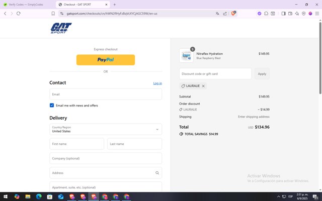 GAT Sport checkout page showing GAT Sport discount code box | Screenshot taken by SimplyCodes community member on Sep 6, 2025