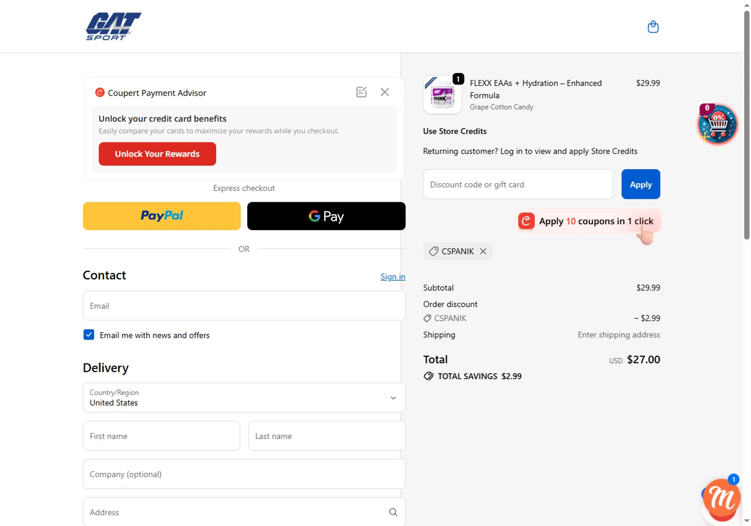 GAT Sport promo code screenshot showing code CSPANIK applied at GAT Sport checkout page. Uploaded by SimplyCodes community member Sadalsuud on May 13, 2026